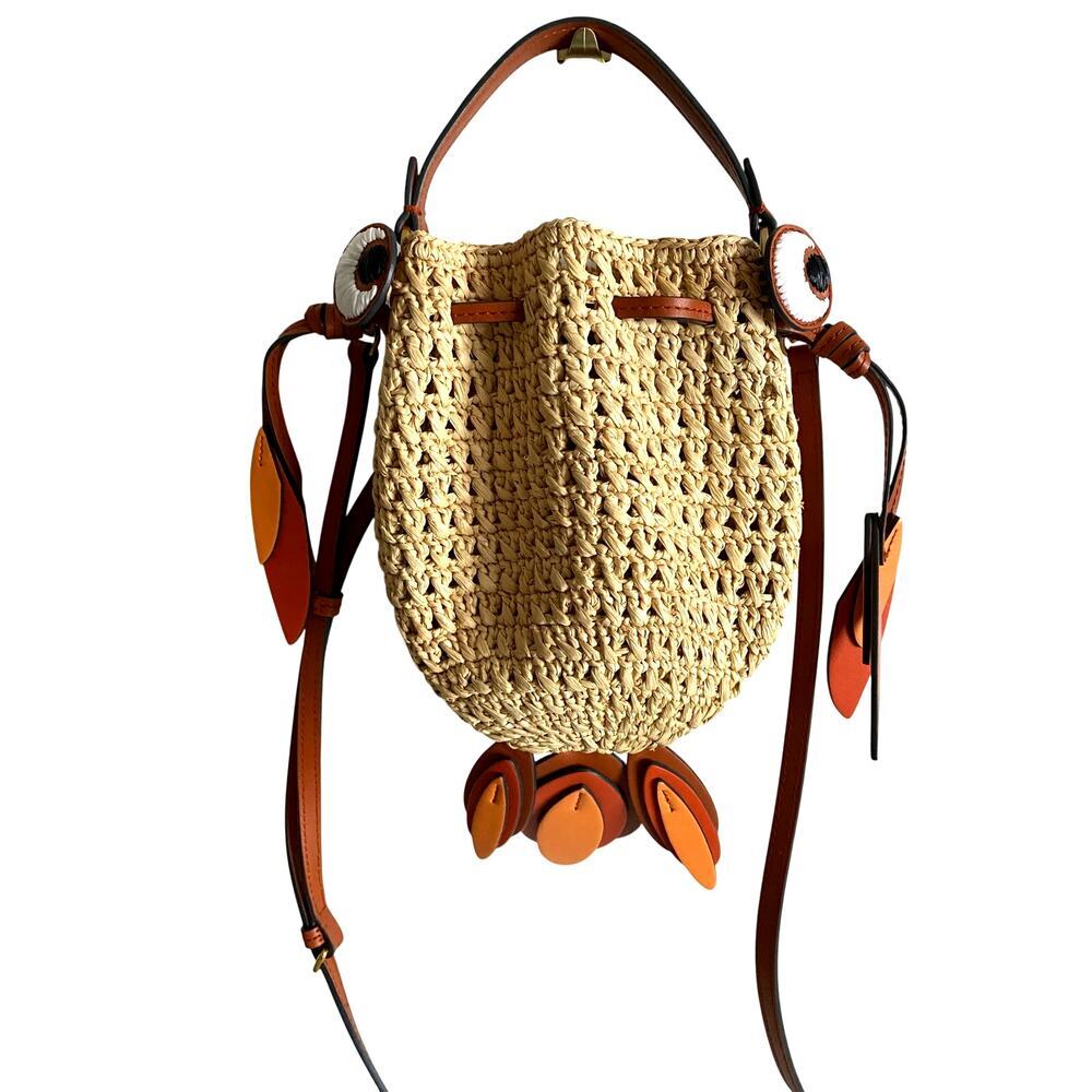 Anya Hindmarch Natural Raffia Goldfish Leather Cross Body Mini Bag Orange